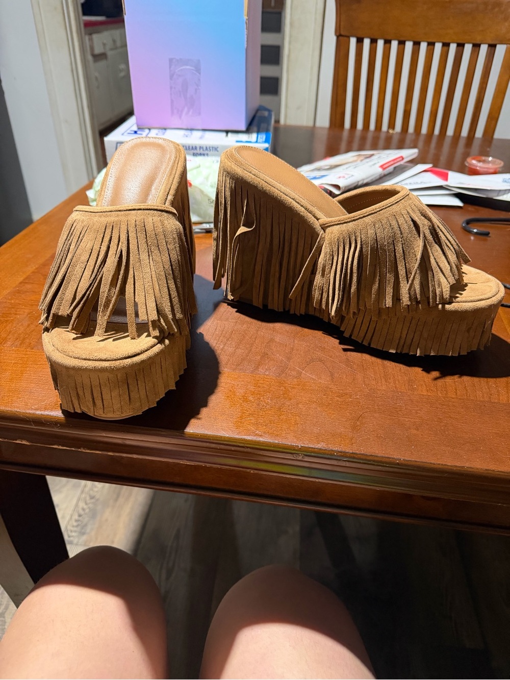 Fringe Platform Slip-On Sandals - Tan